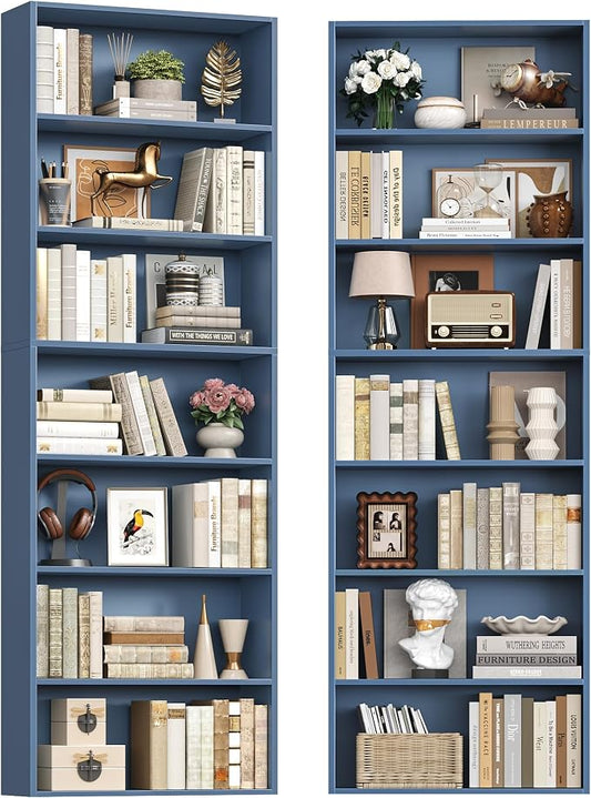 FACBOTALL 82" Tall Bookshelf Set of 2, 7-Tier Double Open Shelves Bookcase,Freestanding Display Storage Shelves, Tall Bookcase Home Decor Furniture for Home Office,Living Room,Bedroom, Blue