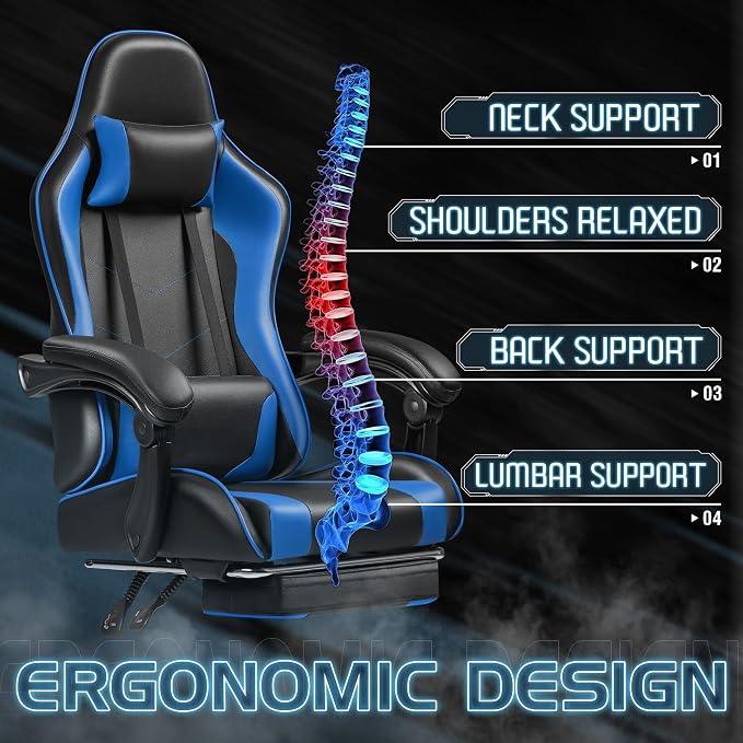 Homall Gaming Chair, Video Game Chair with Footrest and Massage Lumbar Support, Ergonomic Computer Chair Height Adjustable with Swivel Seat and Headrest (Blue)