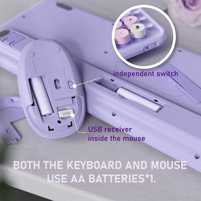 Wireless Keyboard and Mouse, Colorful 104-Key QWERTY with Round Keys, Phone Holder, Wrist Rest, Power Buttons, 2.4GHz USB for PC Laptop (Purple Colorful)
