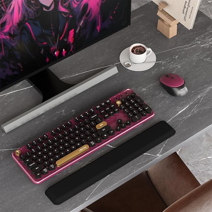 Colorful Wireless Computer Keyboards Mouse Combos, UBOTIE Polychrome Round Keycaps Retro PC Keyboards 2.4GHz Radio Frequency Connection with Optical Mouse(Black Claret)