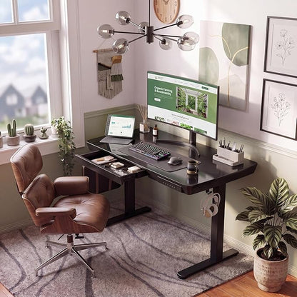 INNOVAR 32" Small Glass Standing Desk with Drawers & USB Ports, Whole-Piece Glass Top Adjustable Height Desks, Quick-Install Electric Sit-Stand Up Desk for Home Office & Computer Workstation, Black