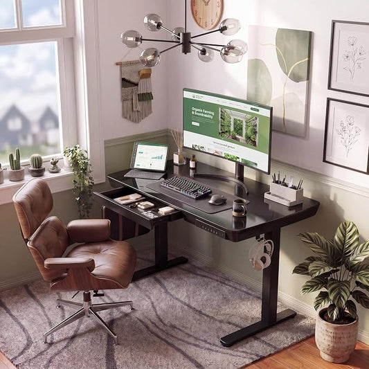 INNOVAR Glass Standing Desk with Drawers & USB Ports,55 inch Whole-Piece Glass Top Adjustable Height Desks, Quick-Install Electric Sit-Stand Up Desk for Home Office & Computer Workstation, Black