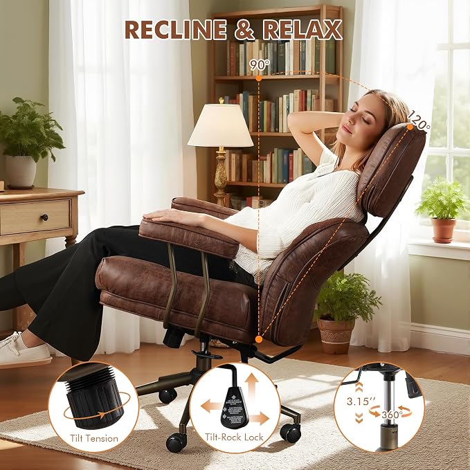 Faux Leather Executive Office Chair - Big and Tall Ergonomic Home Office Chair, Computer Desk Chair w/Lumbar Support,Adjustable Task Chair Swivel Rolling Chair with Wheels,Suede,Dark Brown