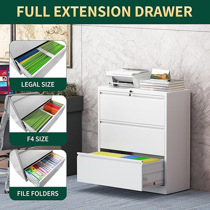3 Drawer Lateral File Cabinet with Lock, Metal Lateral File Cabinets for Home Office, Steel Heavy-Duty Filing Storage Cabinet for Letters/Legal/A4 (Require Assembly, White)