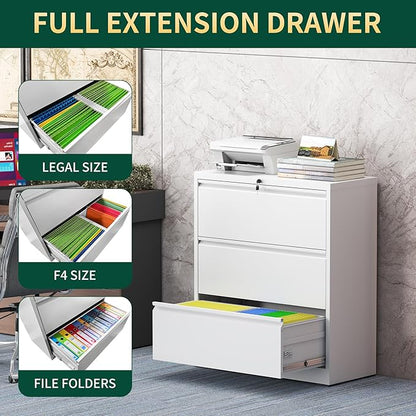 3 Drawer Lateral File Cabinet with Lock, Metal Lateral File Cabinets for Home Office, Steel Heavy-Duty Filing Storage Cabinet for Letters/Legal/A4 (Require Assembly, White)
