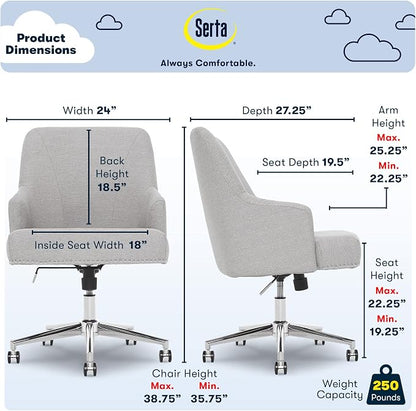 Serta Leighton Home Office Desk Chair, Mid-Back with Chrome Nailheads, Memory Foam Cushion and Padded Arms, Modern Makeup Vanity Armchair with Wheels, Swivel Base, Twill Fabric, Light Gray