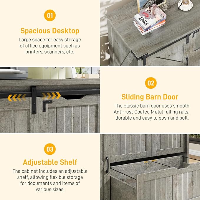 Halitaa 47.8” Farmhouse Lateral File Cabinet with Sliding Barn Door, 3 Drawers Filing Storage Cabinets with Adjustable Shelf, Office Printer Stand for Hanging Files Letter/Legal/A4/F4.Grey