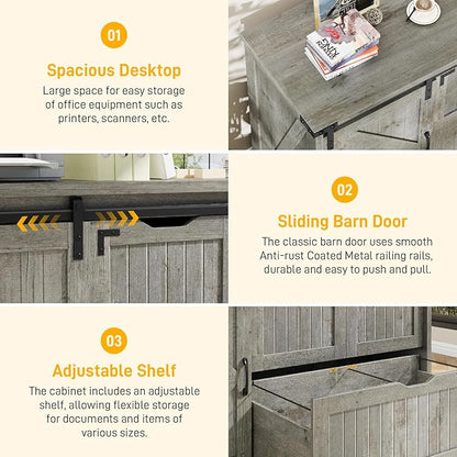 Halitaa 47.8” Farmhouse Lateral File Cabinet with Sliding Barn Door, 3 Drawers Filing Storage Cabinets with Adjustable Shelf, Office Printer Stand for Hanging Files Letter/Legal/A4/F4.Grey
