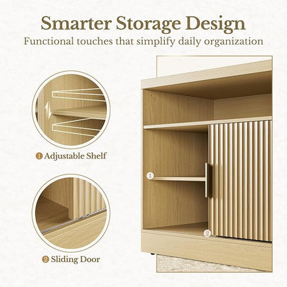 File Cabinet with Sliding Door, 32'' Fluted File Cabinet with Open Adjustable Shelves, Wood Filing Cabinet for Home Office, Light Walnut