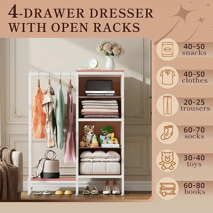 HIGDBFE Dresser with Hanging Rack, 4 Drawers Small Closet for Bedroom, Reversible Fabric Kids Chest of Drawers with Clothes Rack, Tall Storage Tower, Sturdy Frame, Pink, 44''H