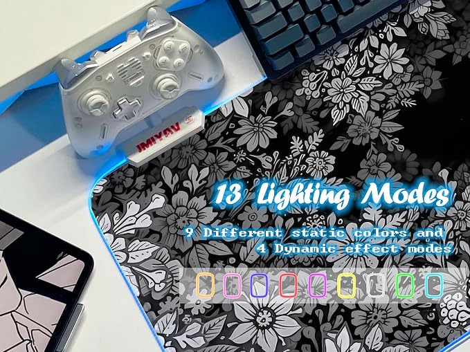 JMIYAV Black and White Mouse Pad RGB Gaming Mousepad 31.5x12 Inch PC XL Large Extended Glowing Led Light Up Desk Pad Non-Slip Rubber Base Computer Cute Mouse Mat Desk Accessories Gaming Setup 42-68