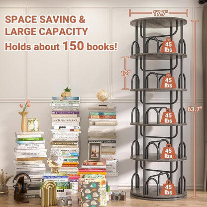 Aheaplus 5 Tier Rotating Bookshelf Tower, 360 Display Spinning Bookcase, Revolving Round Book Shelf Narrow Swivel Bookshelf, Vertical Turning Corner Book Organizer for Small Space, Black Oak