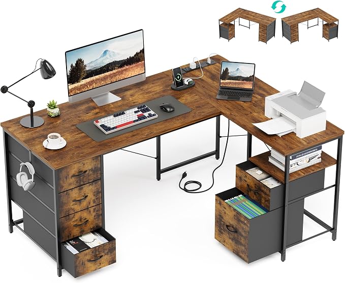 YOUDENOVA 55 Inch L Shaped Desk with Power Outlets & Type-C Port, Reversible Corner Computer Desk with 6 Drawers & File Cabinet, Large Workstation for Home Office, Gaming, Study, Rustic Brown