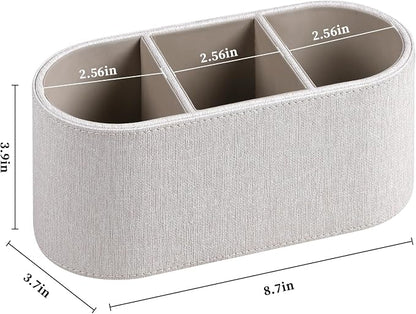 Aesthetic Remote Control Holder, PU Leather Remote Holder Desktop Organizers with 3 Compartments for Home Office Supplies and Accessories, Stylish Bedside Nightstand Organizer (Linen)