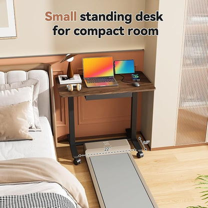 Mobile Standing Desk, 35inch Small Rolling Table with Drawer, Height Adjustable Sit Stand Workstation, Walnut Portable Laptop Cart with Hidden Wheels or Lockable Casters