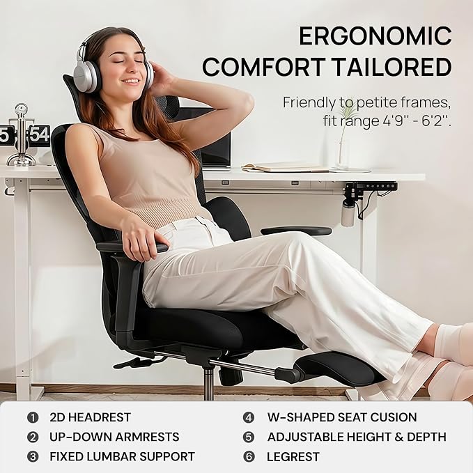 CabLady S1 High Back Ergonomic Mesh Office Chair with Footrest, 300 lbs | 115° Recline Lock, Adjust Seat Depth, 2D Arms, 3D Headrest, Detachable Lumbar Support, Breathable Mesh, BIFMA, Black