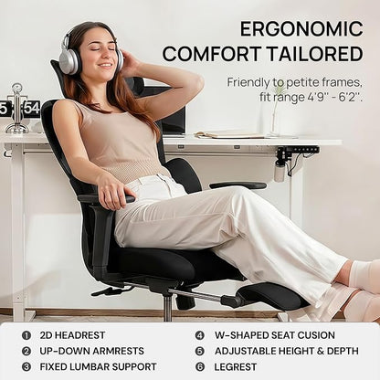 CabLady S1 High Back Ergonomic Mesh Office Chair with Footrest, 300 lbs | 115° Recline Lock, Adjust Seat Depth, 2D Arms, 3D Headrest, Detachable Lumbar Support, Breathable Mesh, BIFMA, Black