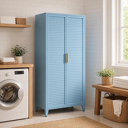 61" Tall Metal Pantry Cabinet with Lock and 3 Adjustable Shelves,Freestanding Heavy Duty steel Storage Locker,Blue Metal Cabinets for Kitchen,Living Room,Laundry,Garage,61" H X 27.6" W X 13.8" D