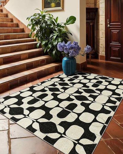 Latte&Fog 3x5 Entryway Rug, Vintage Washable Area Rug, Boho Non Slip Low Pile Throw Carpet for Indoor Bedroom Bedside, Kitchen, Entry and Living Room - Black Beige