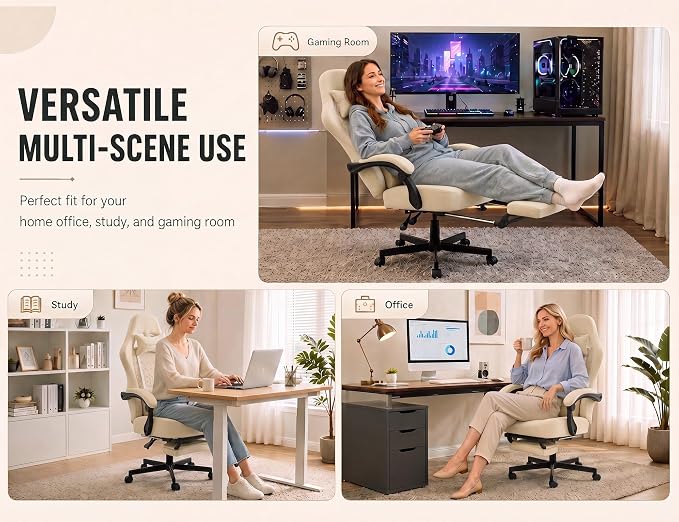 Office Desk Computer Gaming Chair for Adults, Ergonomic High Back Gamer Chair with Massage and Pocket Spring Cushion, Swivel Comfy Video Game Chairs with Footrest and Lumbar Support (Pro Beige)