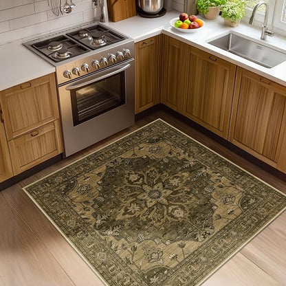 RELEANY Area Rugs Square 4ft Washable Non-Slip, Floral Vintage Distress Medallion Carpet for Living Room Bedroom Dining Room, Brown Dark Brown