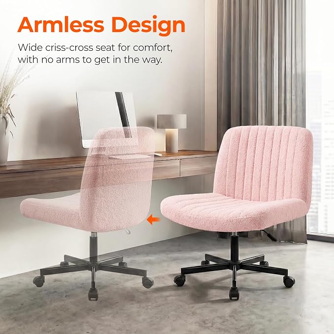 Orange Factory Criss Cross Chair Wheels Vanity Chair Office Desk Comfy Wide Cross Legged Armless Teddy Fabric Adjustable Swivel for Home Computer Task (Pink, Teddy Fleece)