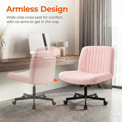 Orange Factory Criss Cross Chair Wheels Vanity Chair Office Desk Comfy Wide Cross Legged Armless Teddy Fabric Adjustable Swivel for Home Computer Task (Pink, Teddy Fleece)