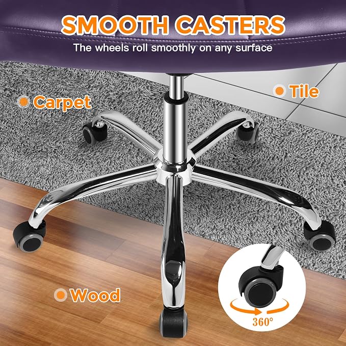 360° Office Desk Chair,PU Adjustable Rolling Task Chair with Backrest for Barber,Office,Home, Computer,360° Swivel,Armless (Widened Purple)