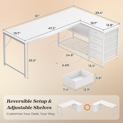PRAISUN 61" L Shaped Desk with Power Outlets & USB-C Port, Reversible Computer Corner Office Desk with 4 Fabric Drawers and 2 Storage Shelves, Large Desk for Gaming Writing Study, White