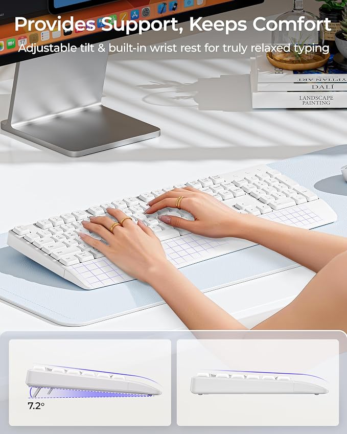 seenda Wireless Bluetooth Keyboard Mouse Combo, COE200 Ergonomic Keyboard with Wrist Rest, Silent Mouse, Multi-Device Connection, Full-Size Compatible for Windows PC Laptop Mac MacBook, White