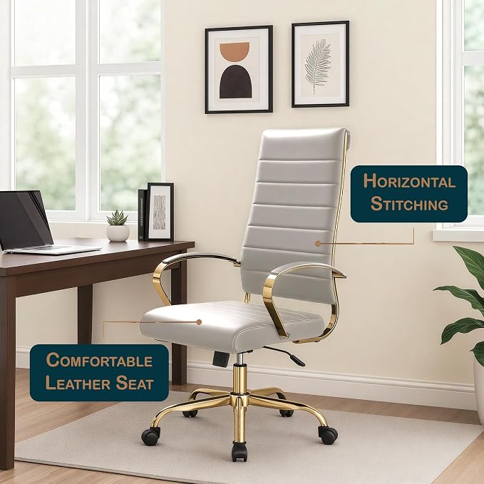 LeisureMod Modern High-Back Leather Office Chair - Swivel & Adjustable Executive Desk Chair with Gold Frame, Ergonomic Design for Home & Office (Tan, Set of 8)