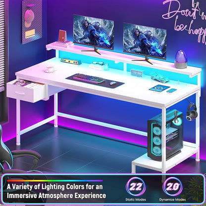 DurayLoly Computer Desk with Ergonomic Monitor Stand & CPU Stand,47.2" Gaming Desk with 1 Drawer & Power Outlet & LED Lights for Home Work, Bedroom Study and Gaming, Small Spaces,White