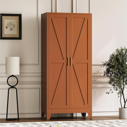 Baborokic 71H Tall Metal Storage Cabinet with 2 Doors and Adjustable Shelves,Farmhouse Storage Cabinet with Barn Doors,Pantry Storage for Home,Office,Dining Room,Kitchen(Rustic Brown)