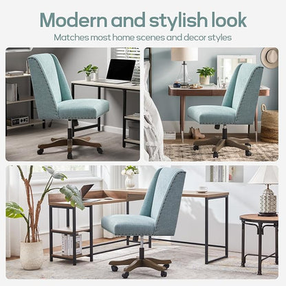 Zihanhome Armless Office Chair with Wooden Legs, Modern Adjustable Upholstered Home Office Desk Chair No Arms Sewing Chair Swivel Chair for Home Office Study Studio (Teal)