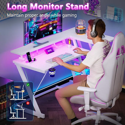 Korfile 40 Inch Gaming Desk with Power Outlet & LED Lights, L Shaped Computer Gaming Table with 3 Tiers Storage Shelves, Corner Gamer Desk with Monitor Stand for Small Space, Carbon Fiber White