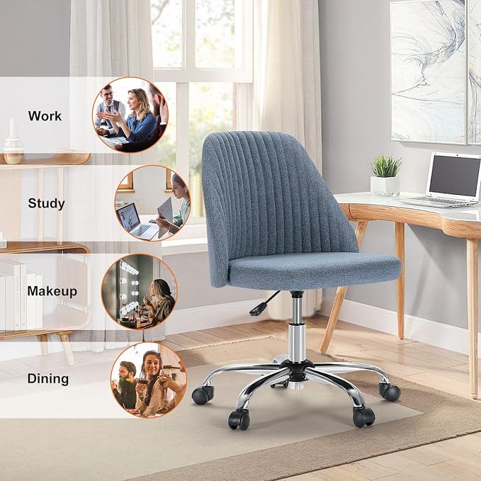 Sweetcrispy Armless Vanity Chair, Cute Comfy Home Office Desk Chair with Wheels, Modern Upholstered Task Computer Seat for Bedroom, Study, Makeup Vanity, Height Adjustable & Swivel, Blue