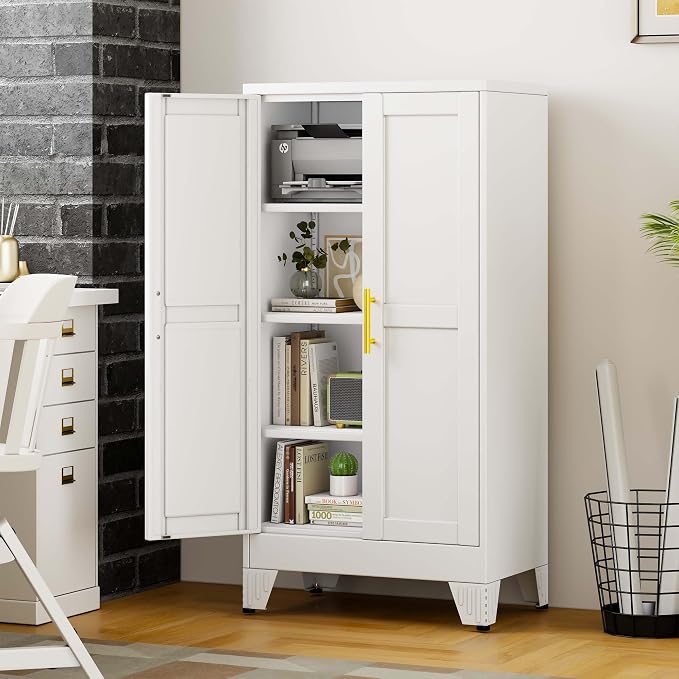 pozdeg 47.24" Tall Metal Storage Cabinet with 2 Doors & 3 Adjustable Shelves, Steel File Cabinet Multipurpose Organizer for Home Office Garage (White)