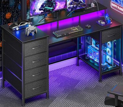 Korfile 47 Inch Computer Gaming Desk with Power Outlets & LED Lights Reversible Home Office Desk with Adjustable 5 Fabric Storage Drawers for Working Writing Study, Carbon Fiber Black