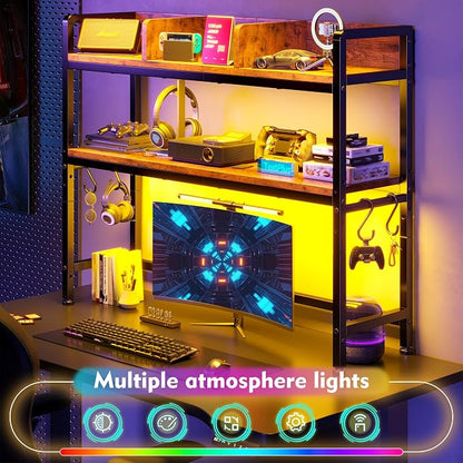 REIBII 35.5" Desk Shelf with LED Lights and Hooks,2-Tier Adjustable Multipurpose Solid Wood Desk Hutch Dorm,Desktop Organizer Rack with 3 Display Rack for Dorm,Office Home,Rustic Brown