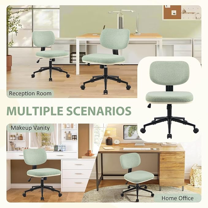 Armless 20" Wide Office Desk Chair, Comfy Desk Chair with Wheels Adjustable Height Swivel Rolling Chairs for Small Space Home Office Bedroom Study Vanity, Sherpa Mint-Green/PU