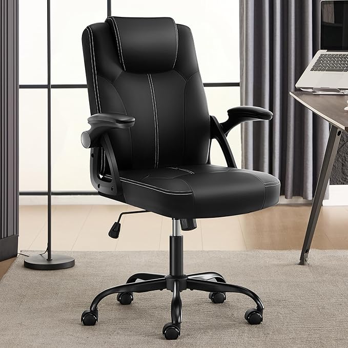 Executive Office Chair, Ergonomic PU Leather Computer Chairs, Executive Breathable Desk Chair with Padded Flip-Up Arms, 360° Swivel Rolling Chair Comfy Padded for Working Studying Gaming (Black)