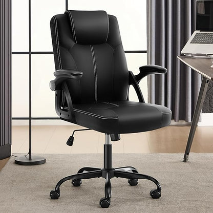 Executive Office Chair, Ergonomic PU Leather Computer Chairs, Executive Breathable Desk Chair with Padded Flip-Up Arms, 360° Swivel Rolling Chair Comfy Padded for Working Studying Gaming (Black)