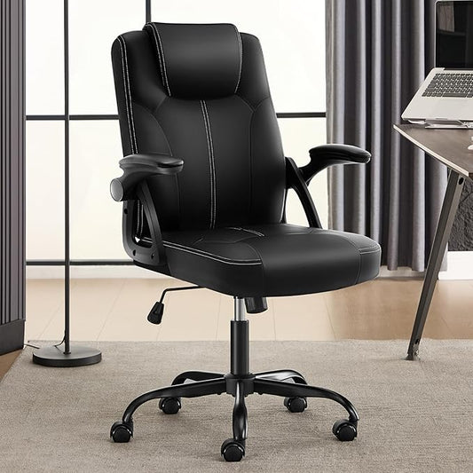 Executive Office Chair, Ergonomic PU Leather Computer Chairs, Executive Breathable Desk Chair with Padded Flip-Up Arms, 360° Swivel Rolling Chair Comfy Padded for Working Studying Gaming (Black)