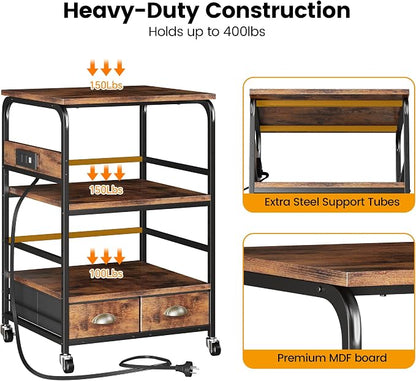 Extra Large Printer Stand with 2 Farbic Drawer, 3 Tier Printer Table with 4-Adjustable Heights, Rolling Printer Cart with Storage for Printer Scanner Fax Home Office Use, Rustic Black and Brown