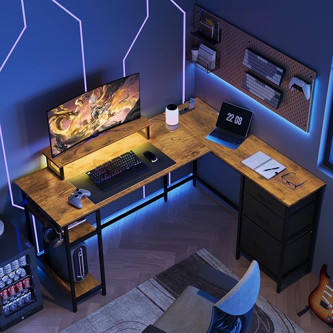 DEVAISE 55 Inch L Shaped Gaming Desk with Drawers and Storage, Corner Desk with LED Lights, Power Outlets, Computer Desk with Monitor Stand, Office Desk for Home, Rustic Brown