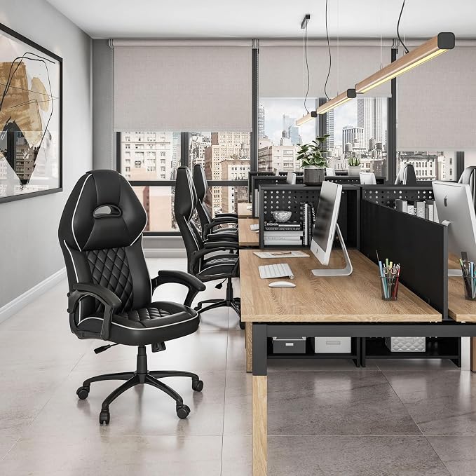 Techni Mobili PU Leather Executive Chair with Padded Armrests, Height Adjustable Racing Style Office Chair with Tilt Control, Black