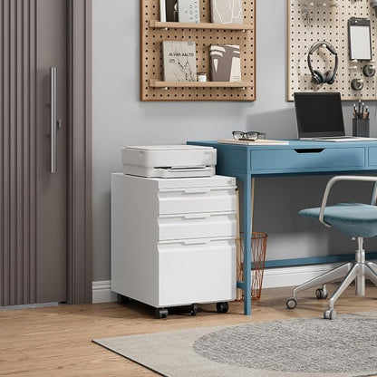 3 Drawer Mobile File Cabinet with Lock, Metal Filing Cabinet, Under Desk Rolling Small Filing Cabinet with Wheels for Home Office Storage, Fits Legal/A4/Letter/Document Size, Required Assembly, White