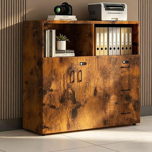 File Cabinet with Password Lock, Wood Lateral Filing Cabinet for Letter/A4 Files, 3 Drawer with Door, Printer Stand with Open Shelves for Home Office