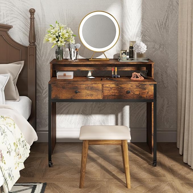 Giantex Small Computer Desk with Hutch & Drawers, Extendable Writing Desk w/Pull Out Secondary Table, Monitor Stand & Rolling Wheels, Console Table, Compact Desk for Small Spaces (Rustic Brown)