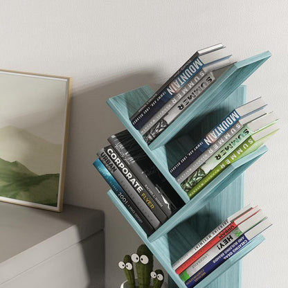 SHEEPAM 5 Tier Tree Book Shelf, Small Desktop Bookshelf with Storage Organizer, Wood Bookcase, Desk Display Bookshelves, Floor Standing Organizer Bookcases for Living Room,Bedroom,Office-Blue